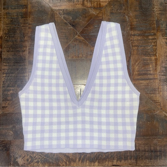 Zara Lilac White Plaid Deep V Plunge Cropped Bra Tank Sleeveless Women Sz S NWOT - Picture 4 of 5